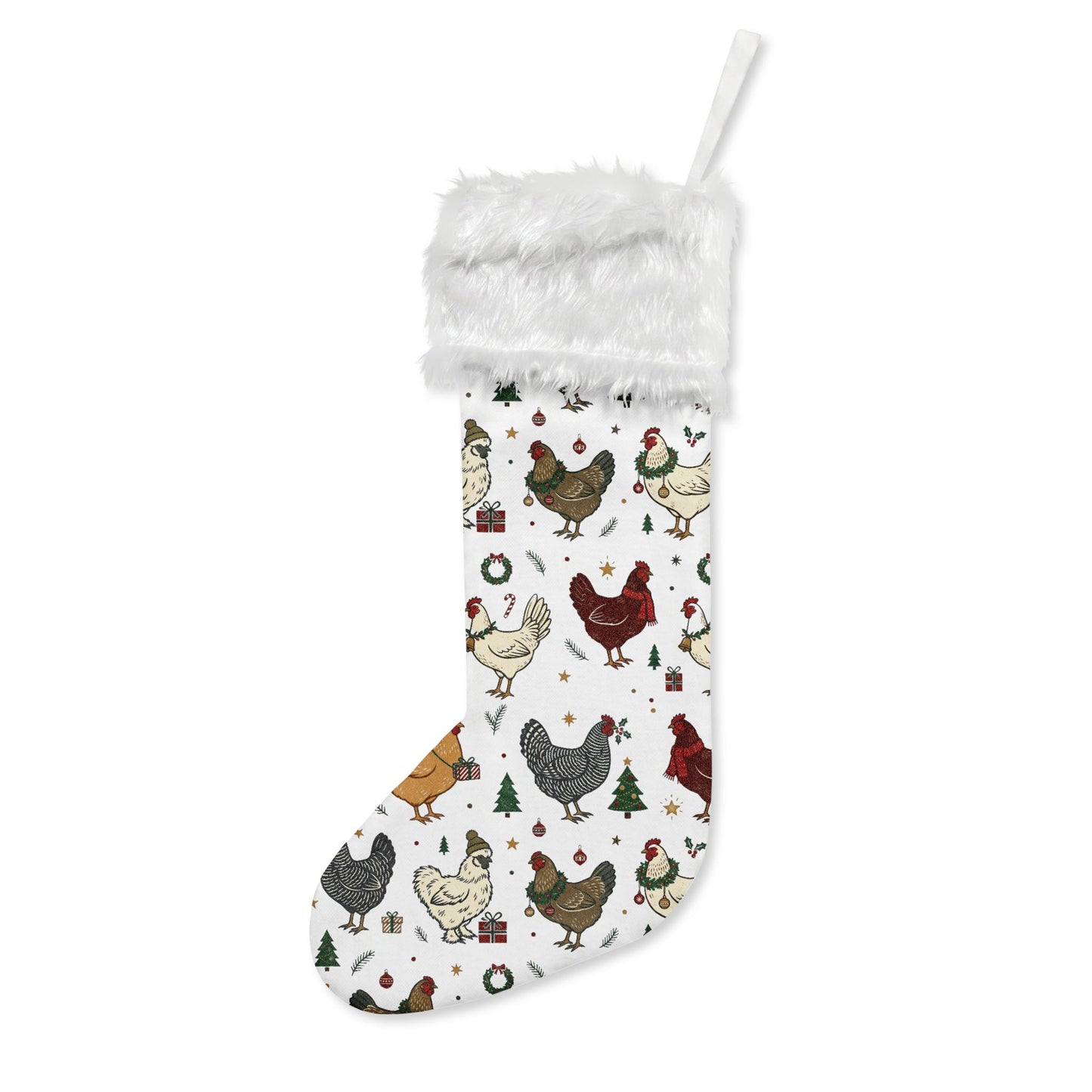 Chicken Pattern Flannel Christmas Stocking — Farmhouse Holiday Stocking with Faux Fur Cuff