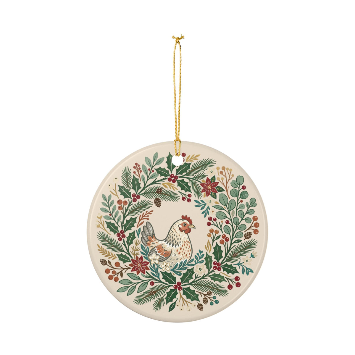 Chicken Wreath Folk Art Ceramic Ornament