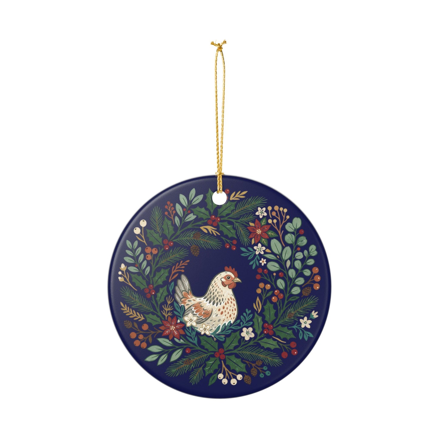 Chicken Wreath Folk Art Ceramic Ornament