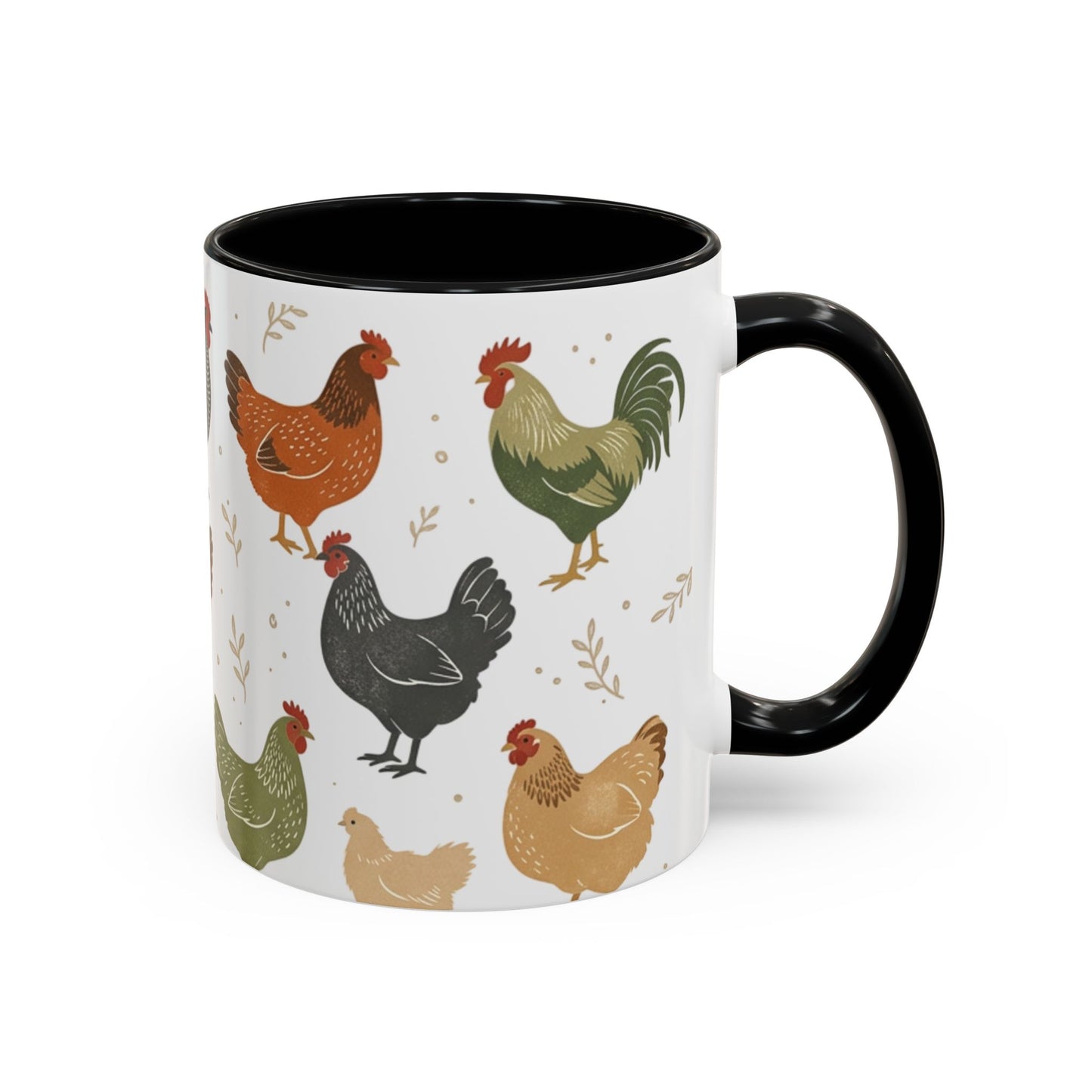 Chicken Pattern Accent Coffee Mug — Farmhouse Rooster & Hen Ceramic Mug (11/15 oz)
