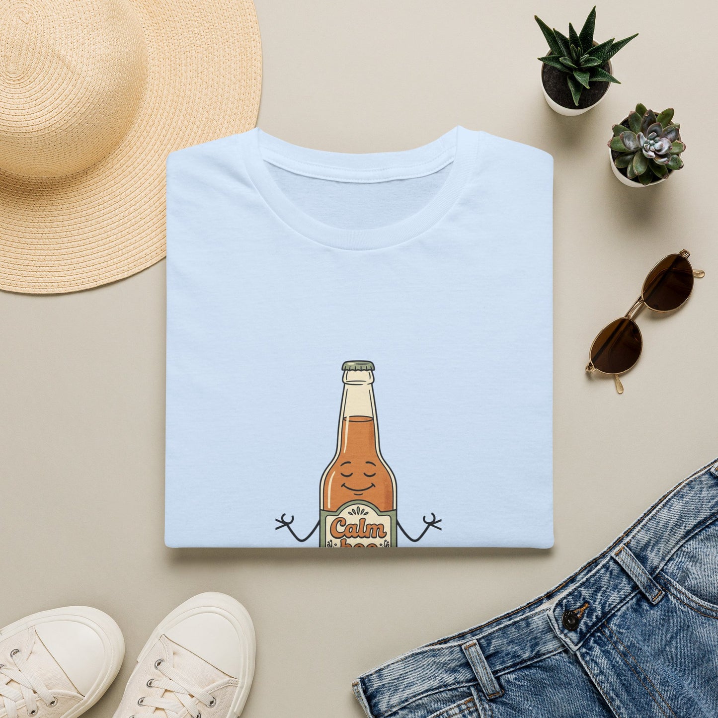 Kombucha Bottle Cartoon T-Shirt — Cute Relaxed Beverage Graphic Tee