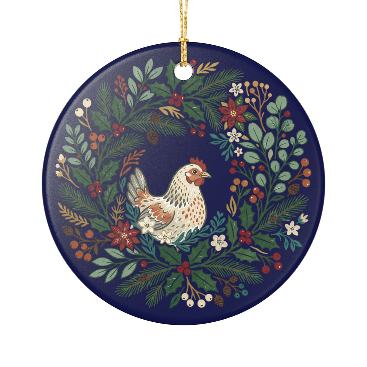Chicken Wreath Folk Art Ceramic Ornament