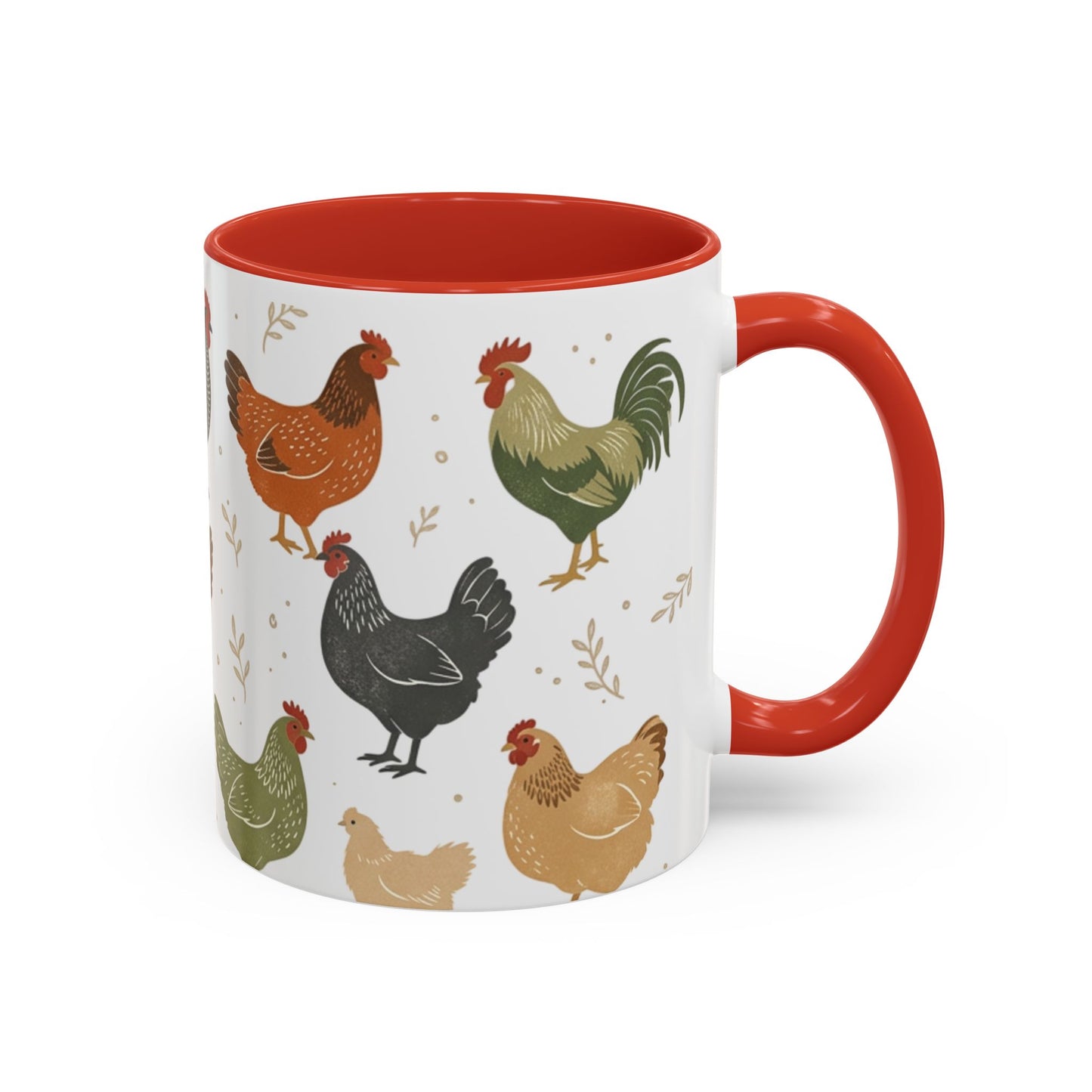 Chicken Pattern Accent Coffee Mug — Farmhouse Rooster & Hen Ceramic Mug (11/15 oz)