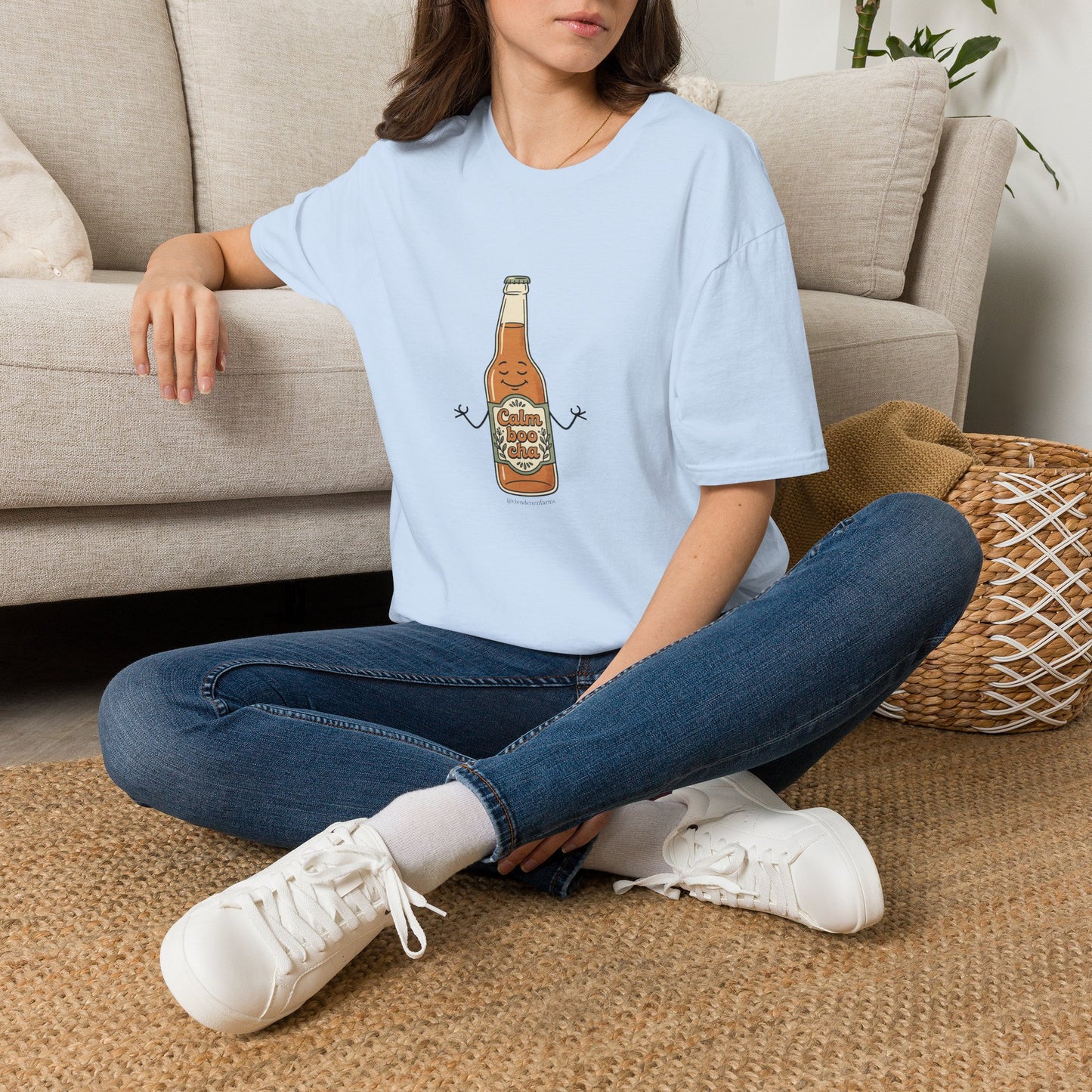 Kombucha Bottle Cartoon T-Shirt — Cute Relaxed Beverage Graphic Tee