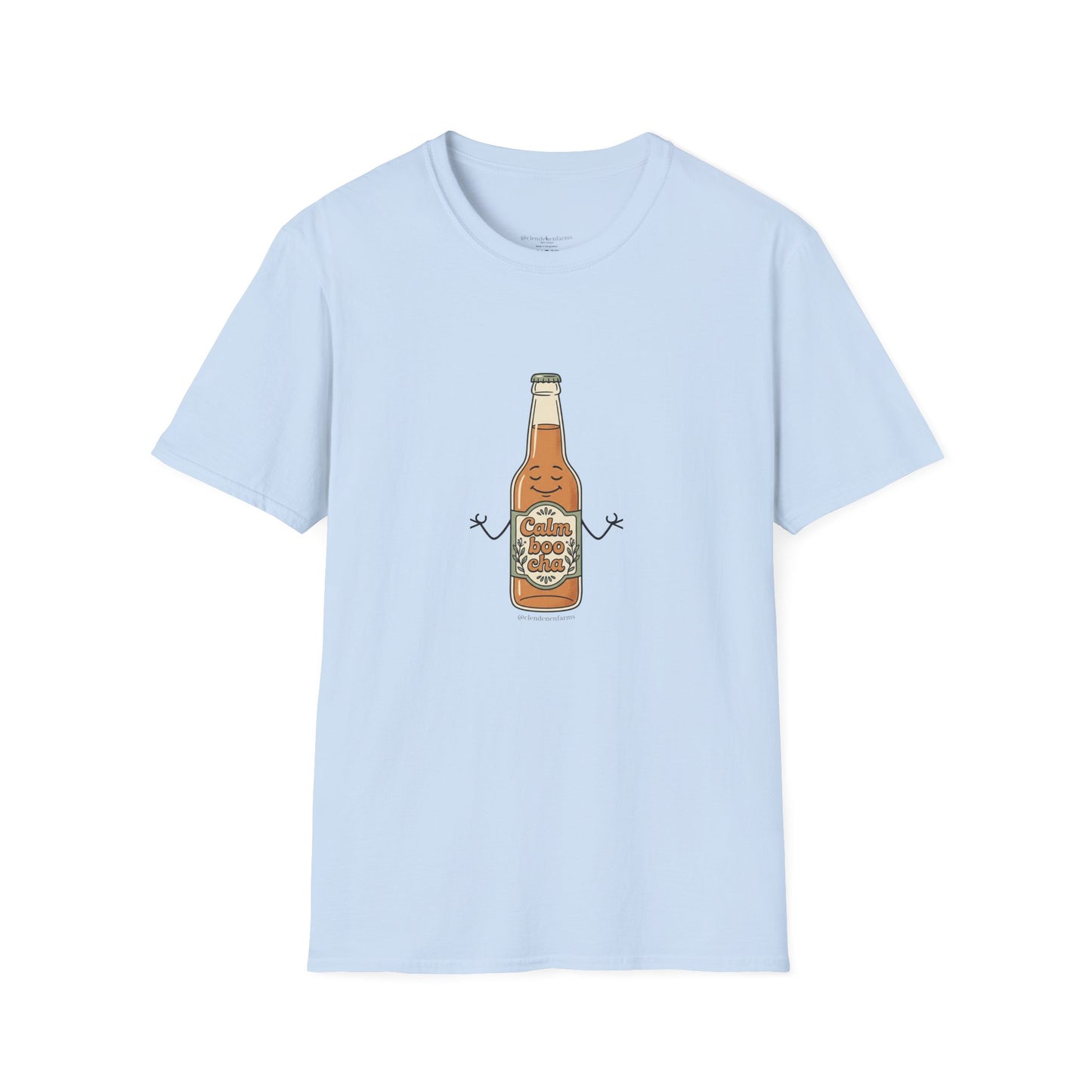 Kombucha Bottle Cartoon T-Shirt — Cute Relaxed Beverage Graphic Tee