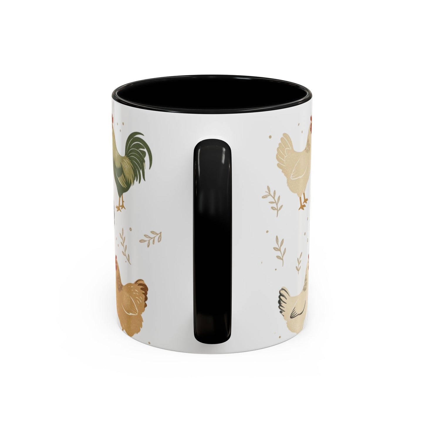 Chicken Pattern Accent Coffee Mug — Farmhouse Rooster & Hen Ceramic Mug (11/15 oz)