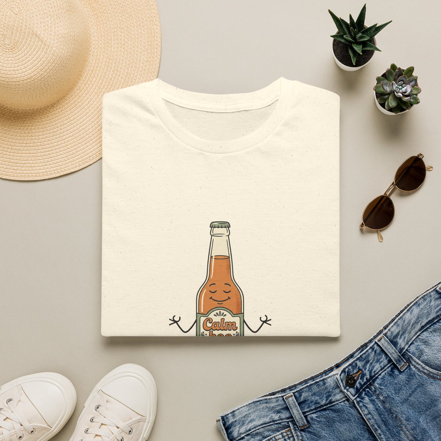 Kombucha Bottle Cartoon T-Shirt — Cute Relaxed Beverage Graphic Tee