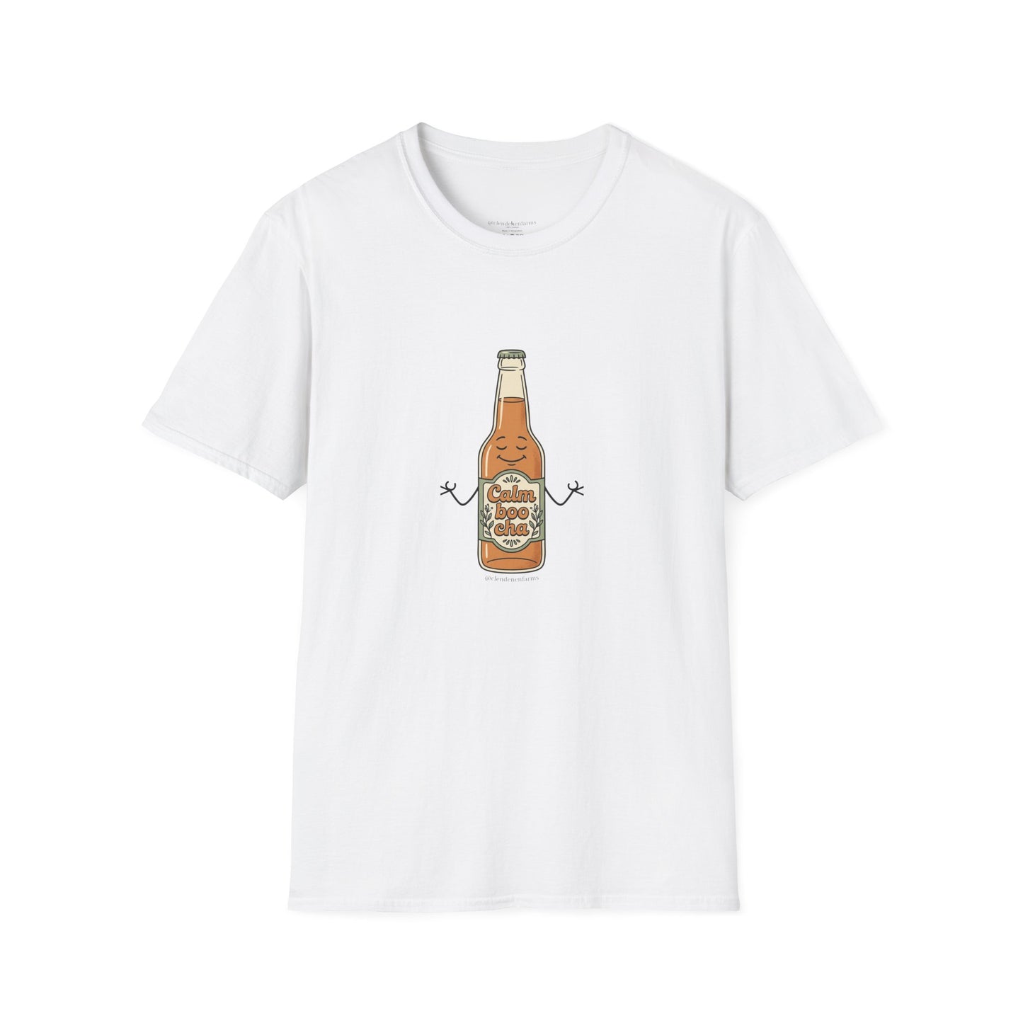 Kombucha Bottle Cartoon T-Shirt — Cute Relaxed Beverage Graphic Tee