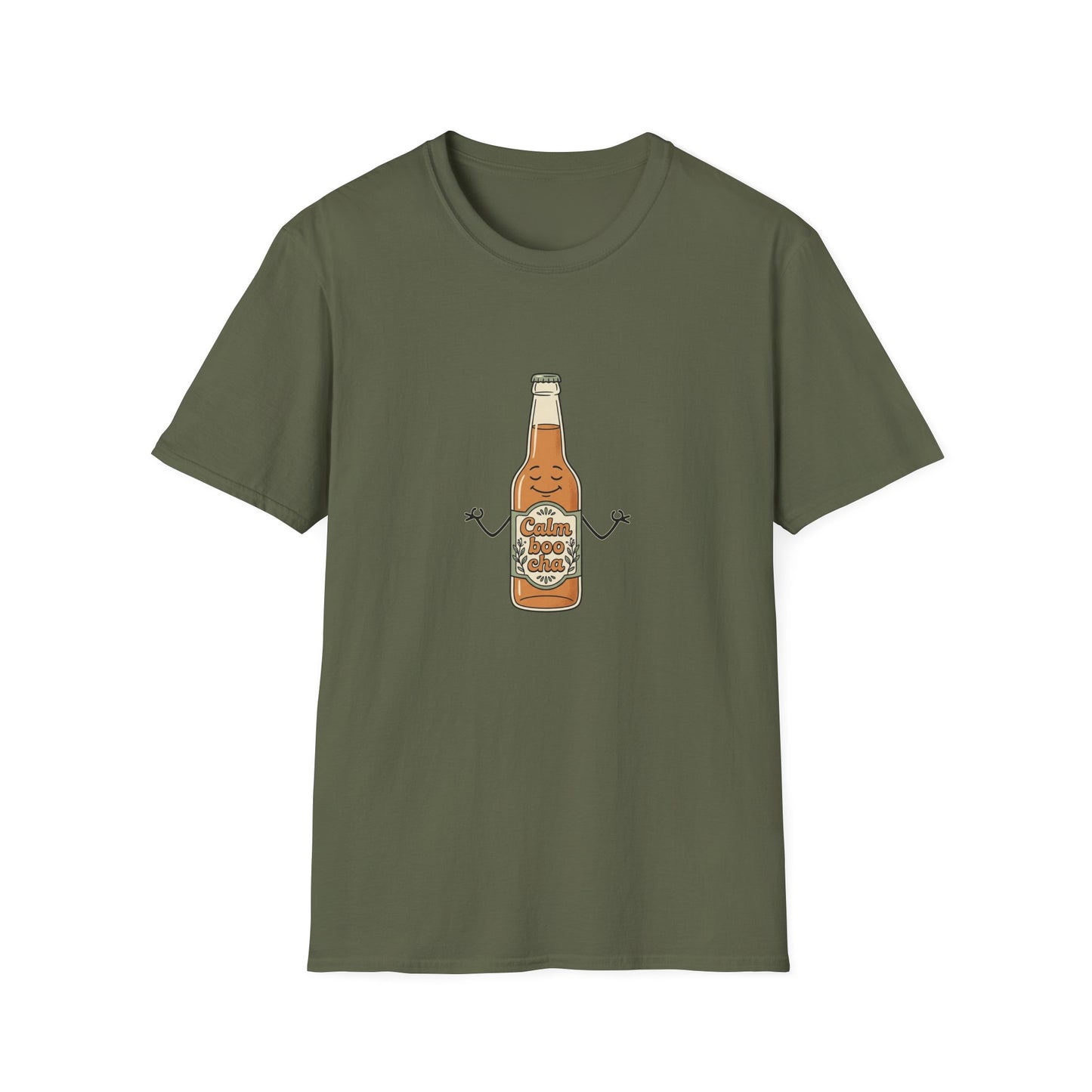 Kombucha Bottle Cartoon T-Shirt — Cute Relaxed Beverage Graphic Tee