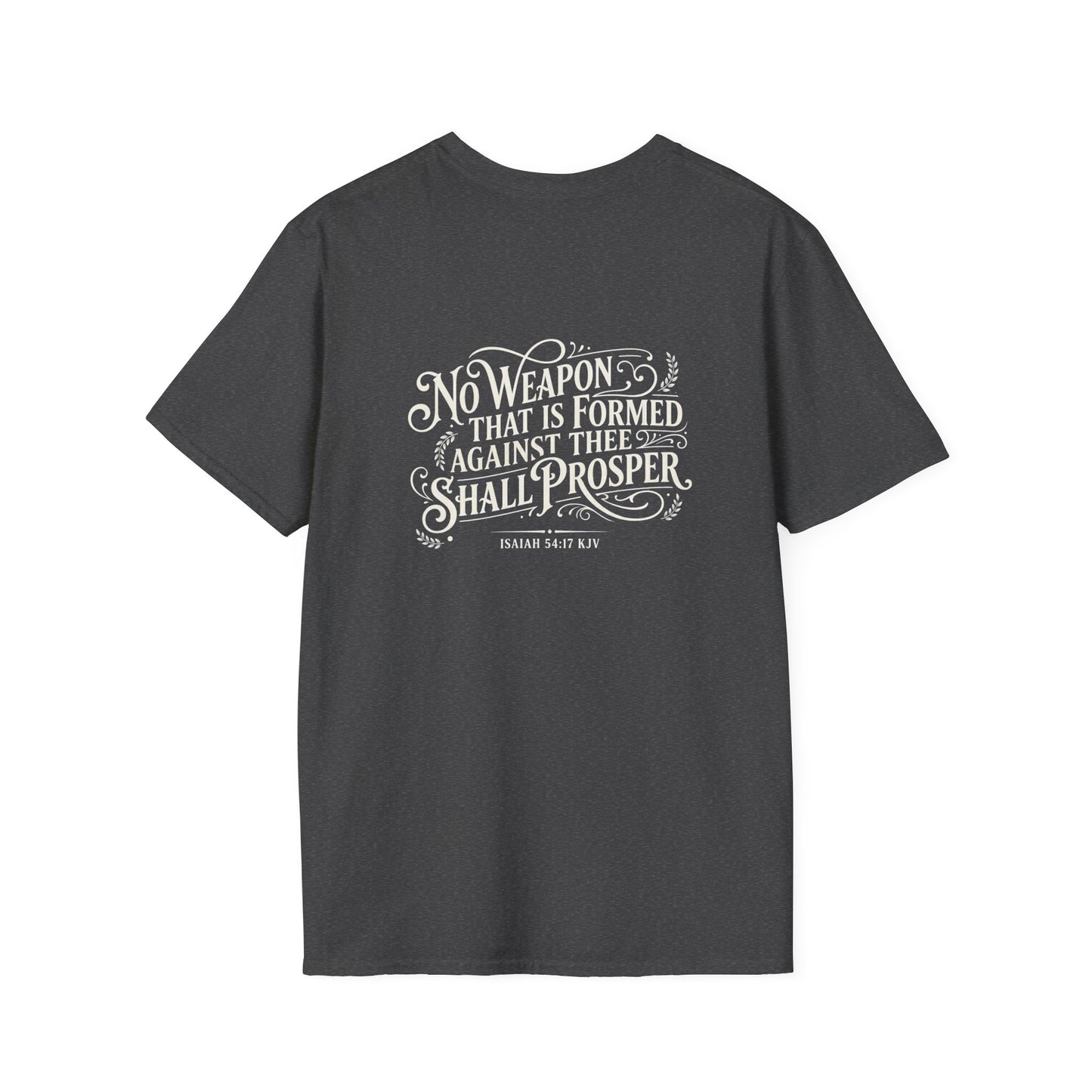 No Weapon Faith Verse T‑Shirt — Isaiah 31:7 Inspirational Christian Tee