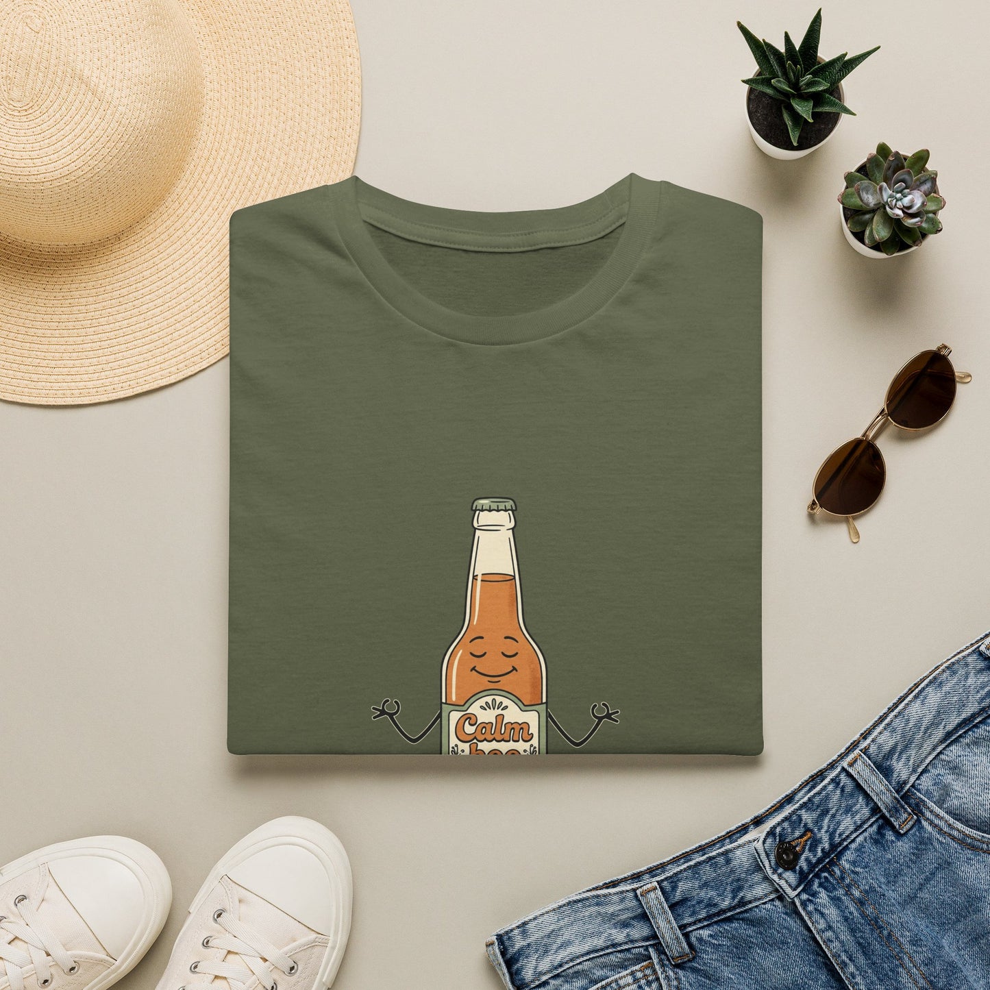 Kombucha Bottle Cartoon T-Shirt — Cute Relaxed Beverage Graphic Tee
