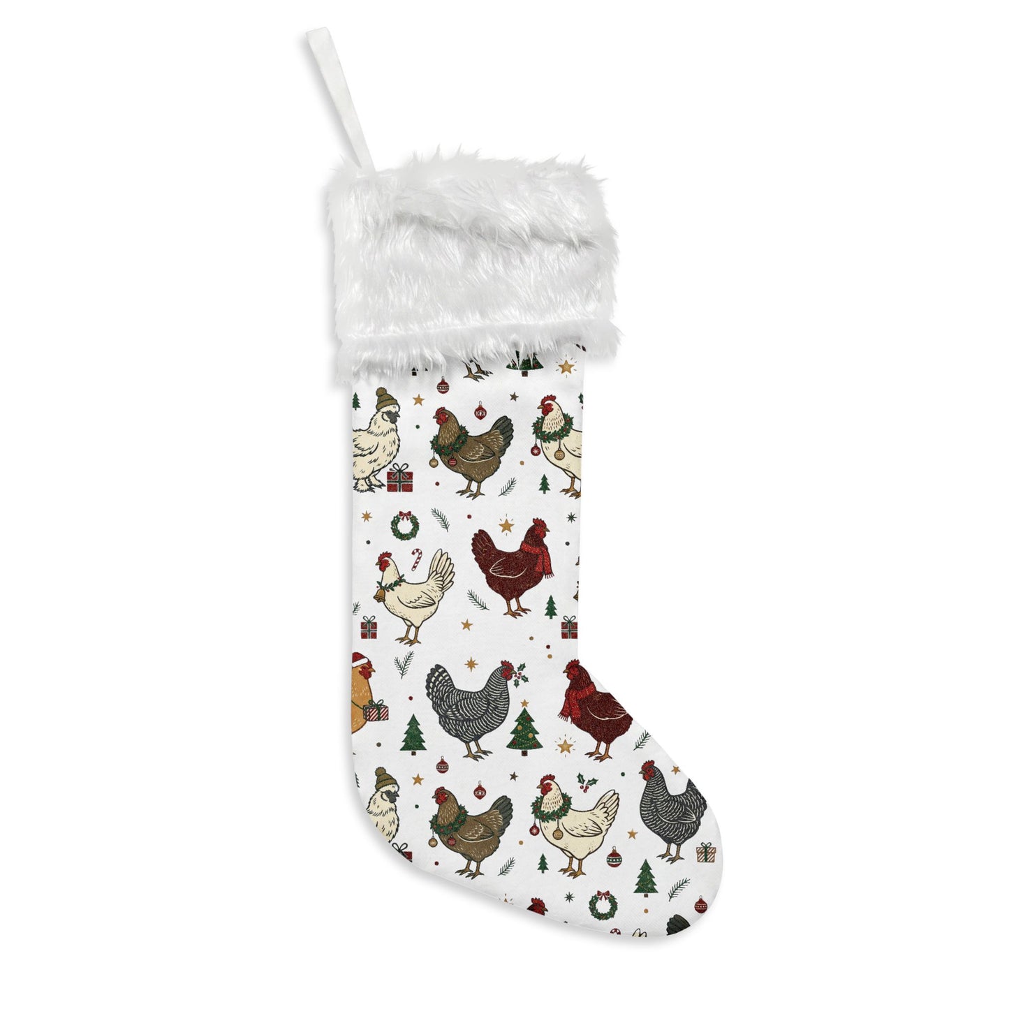 Chicken Pattern Flannel Christmas Stocking — Farmhouse Holiday Stocking with Faux Fur Cuff