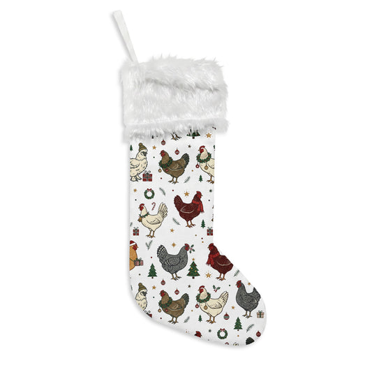 Chicken Pattern Flannel Christmas Stocking — Farmhouse Holiday Stocking with Faux Fur Cuff