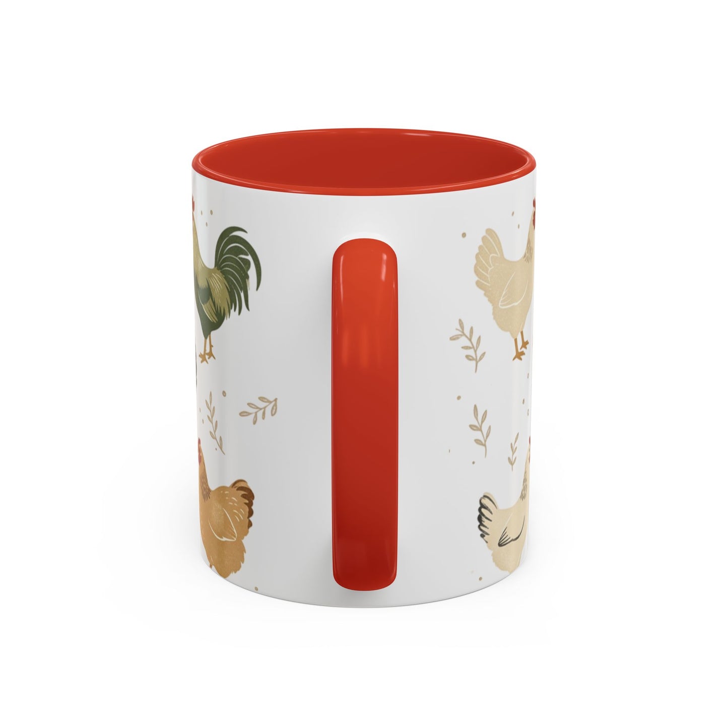 Chicken Pattern Accent Coffee Mug — Farmhouse Rooster & Hen Ceramic Mug (11/15 oz)