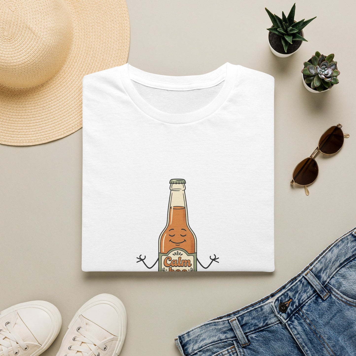 Kombucha Bottle Cartoon T-Shirt — Cute Relaxed Beverage Graphic Tee