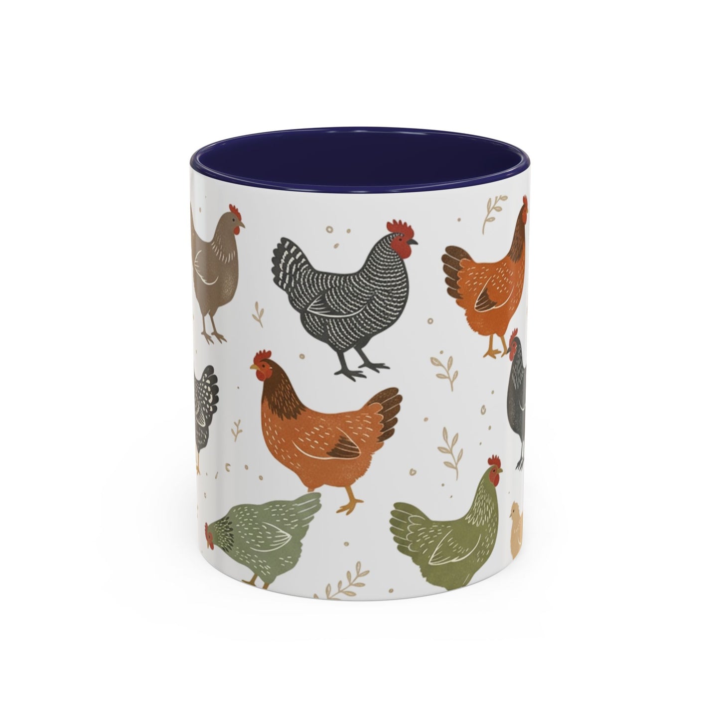 Chicken Pattern Accent Coffee Mug — Farmhouse Rooster & Hen Ceramic Mug (11/15 oz)