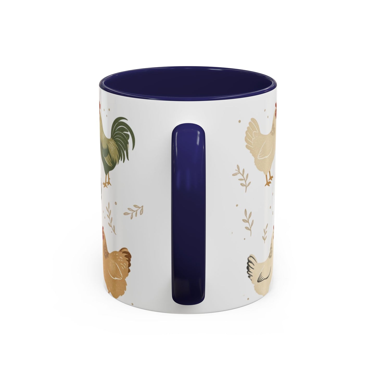 Chicken Pattern Accent Coffee Mug — Farmhouse Rooster & Hen Ceramic Mug (11/15 oz)