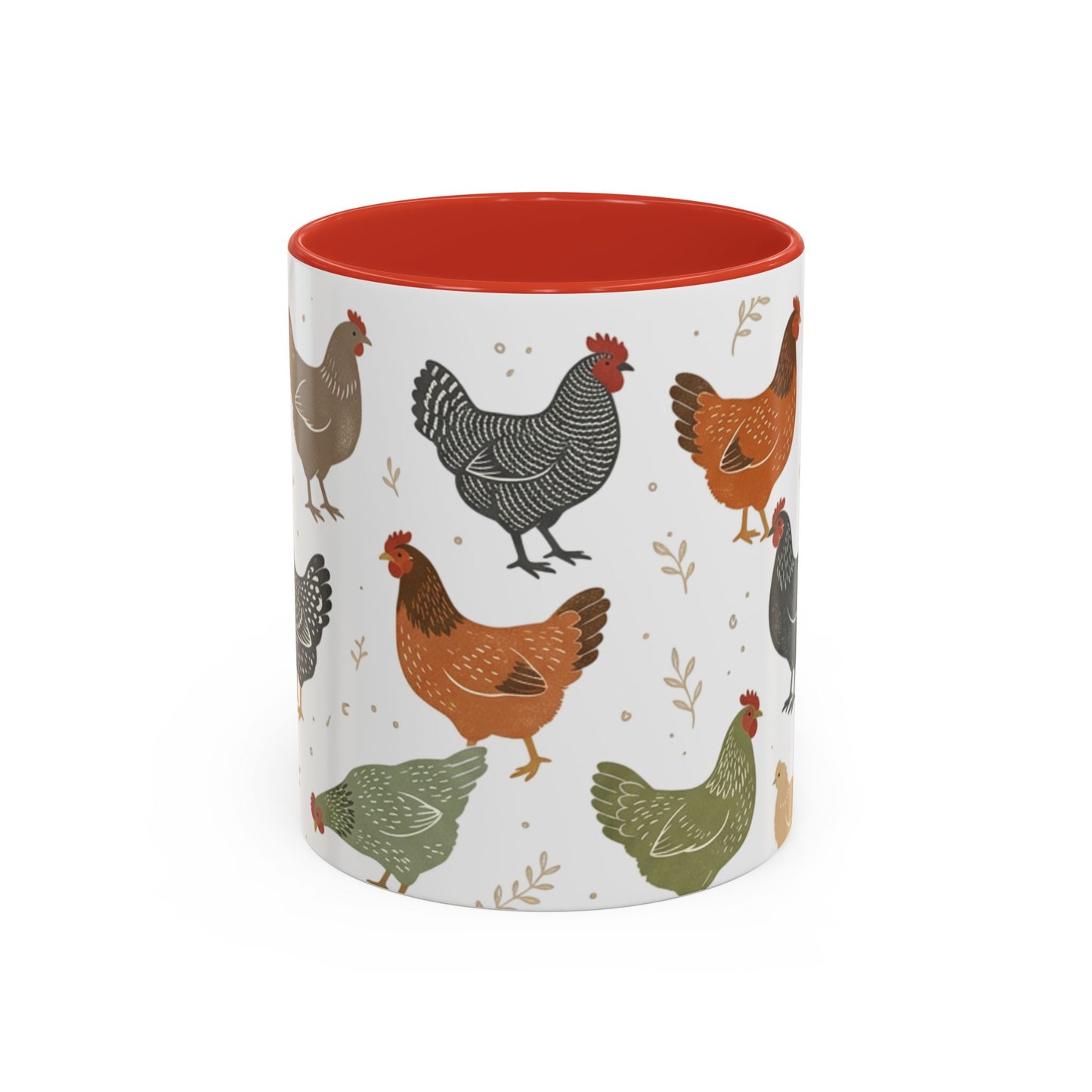 Chicken Pattern Accent Coffee Mug — Farmhouse Rooster & Hen Ceramic Mug (11/15 oz)