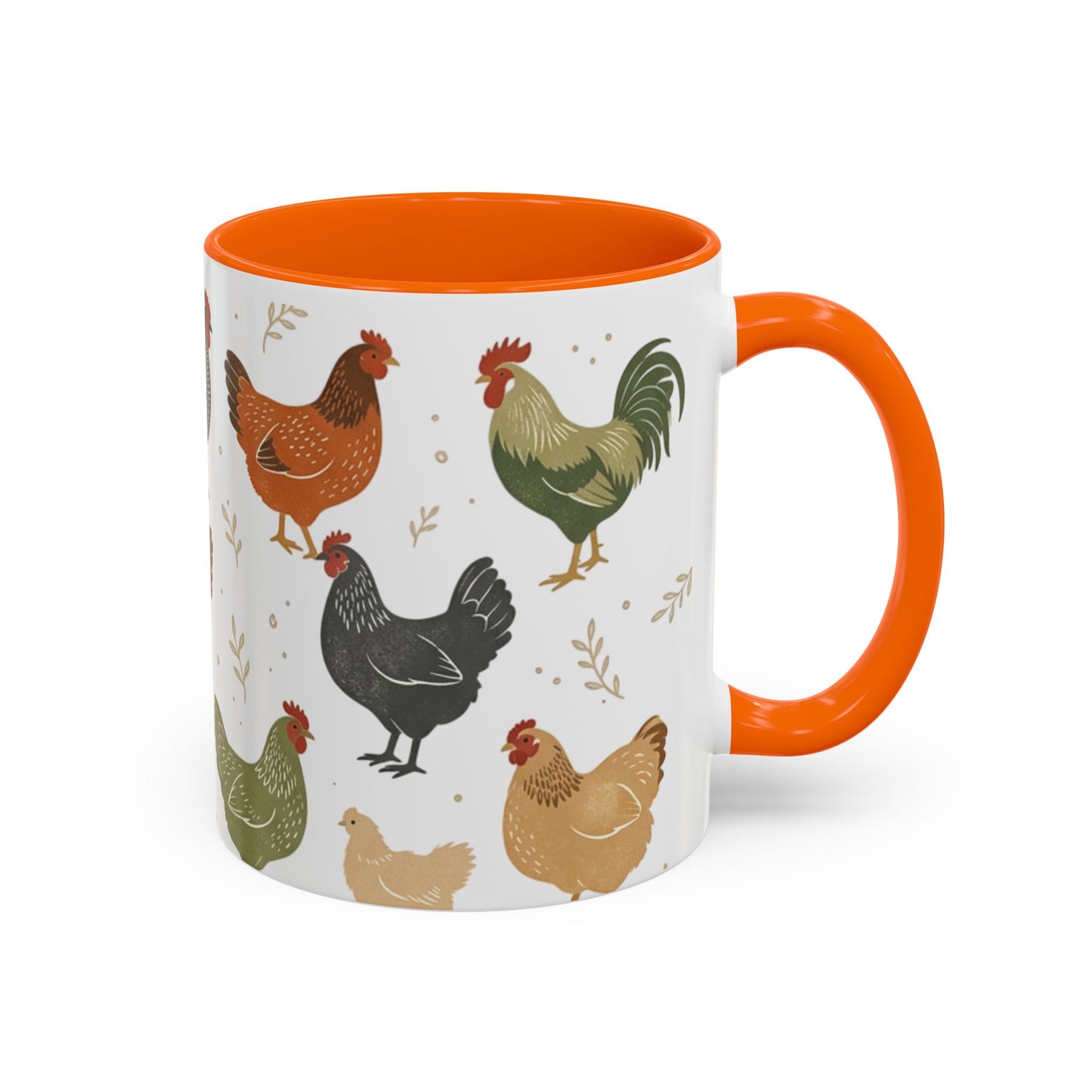 Chicken Pattern Accent Coffee Mug — Farmhouse Rooster & Hen Ceramic Mug (11/15 oz)