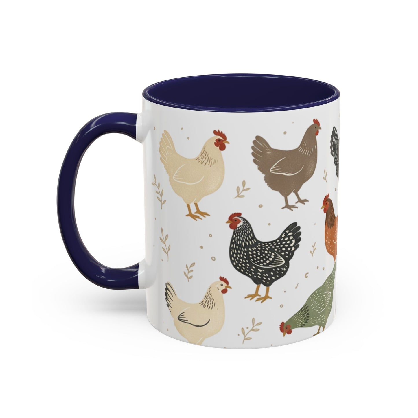 Chicken Pattern Accent Coffee Mug — Farmhouse Rooster & Hen Ceramic Mug (11/15 oz)