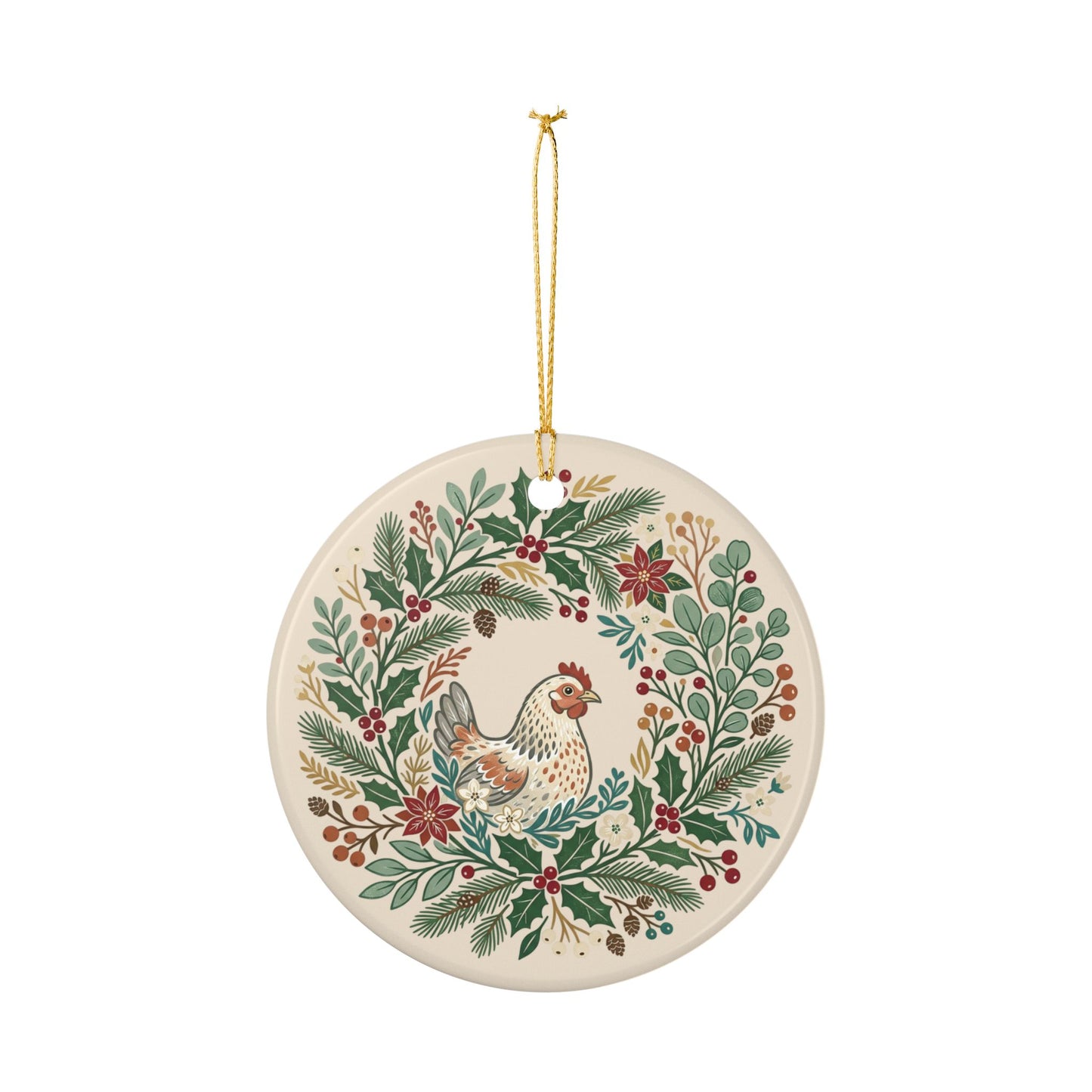 Chicken Wreath Folk Art Ceramic Ornament
