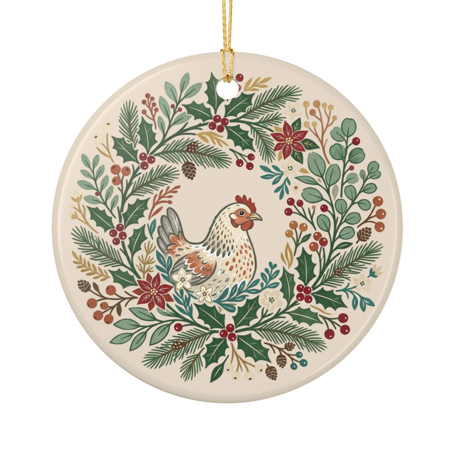 Chicken Wreath Folk Art Ceramic Ornament