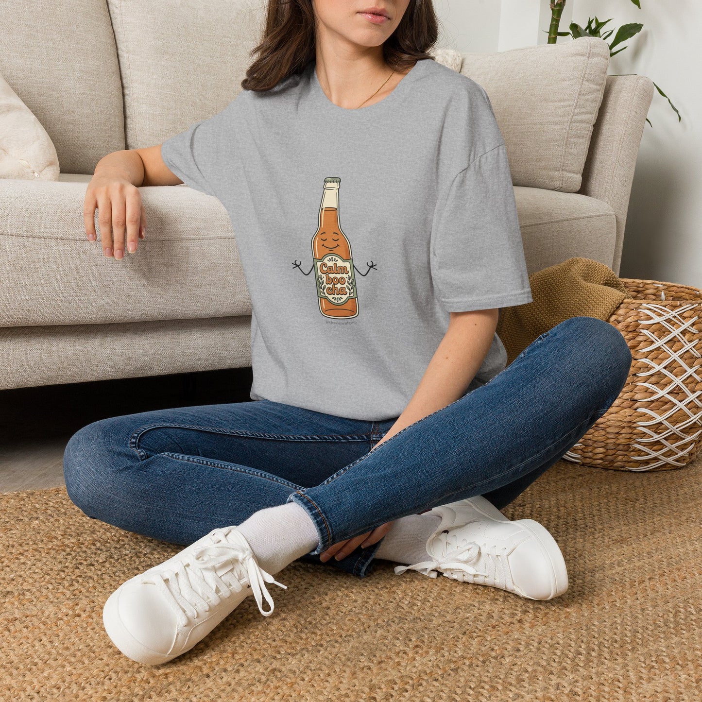 Kombucha Bottle Cartoon T-Shirt — Cute Relaxed Beverage Graphic Tee