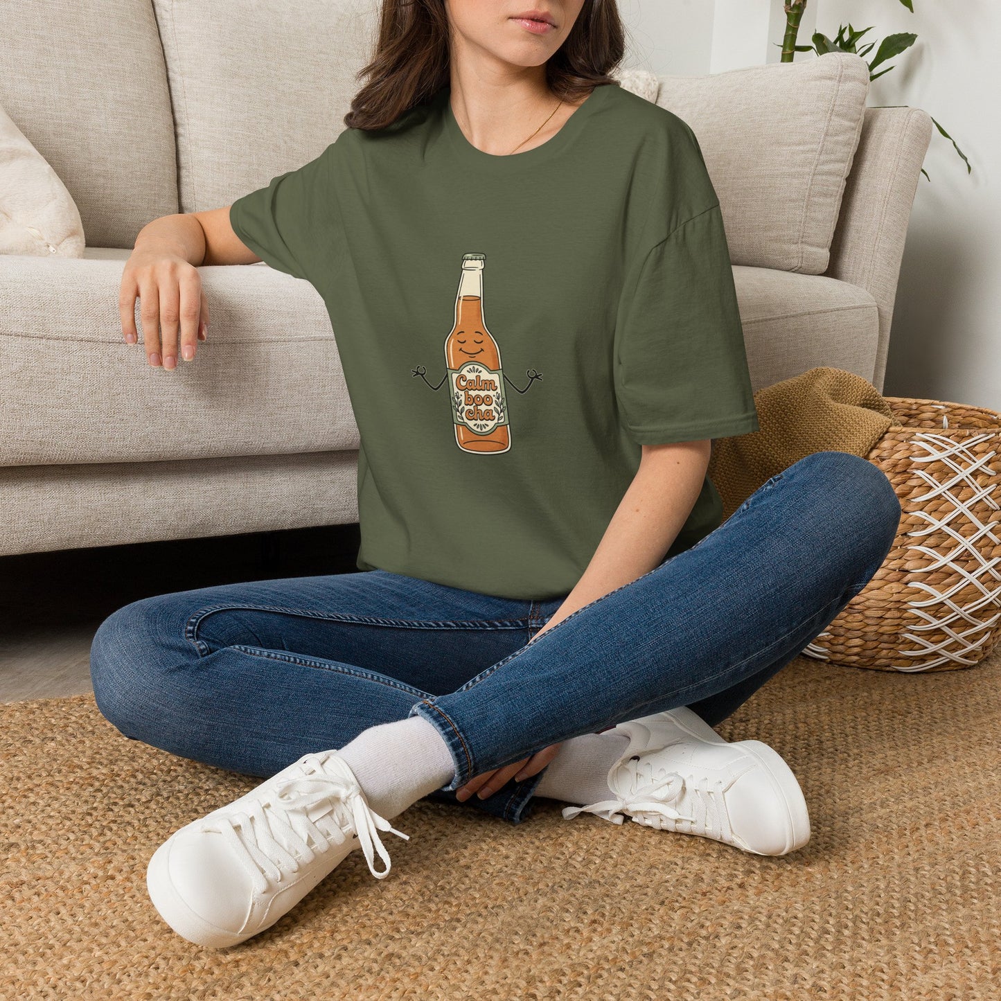Kombucha Bottle Cartoon T-Shirt — Cute Relaxed Beverage Graphic Tee