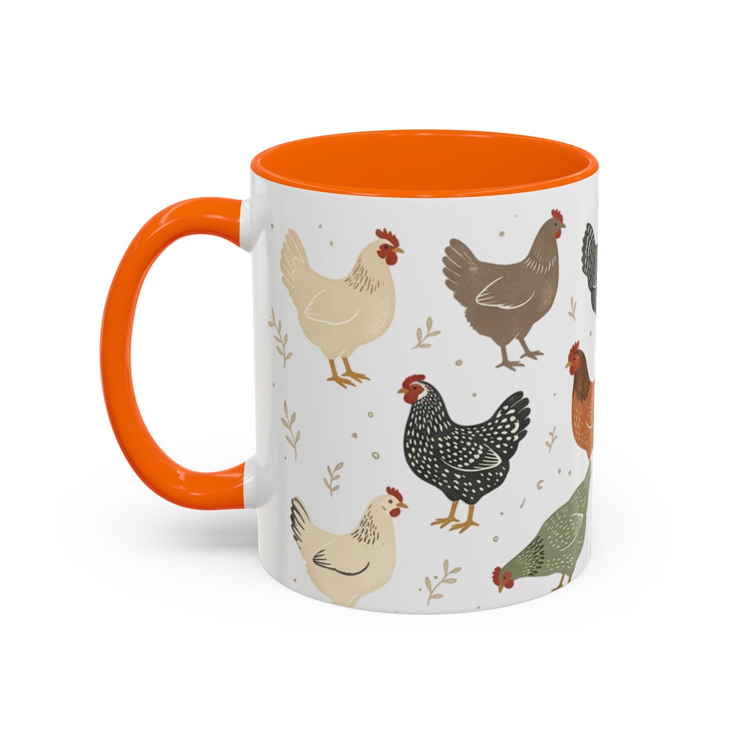 Chicken Pattern Accent Coffee Mug — Farmhouse Rooster & Hen Ceramic Mug (11/15 oz)