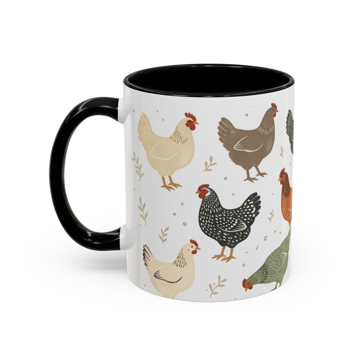 Chicken Pattern Accent Coffee Mug — Farmhouse Rooster & Hen Ceramic Mug (11/15 oz)