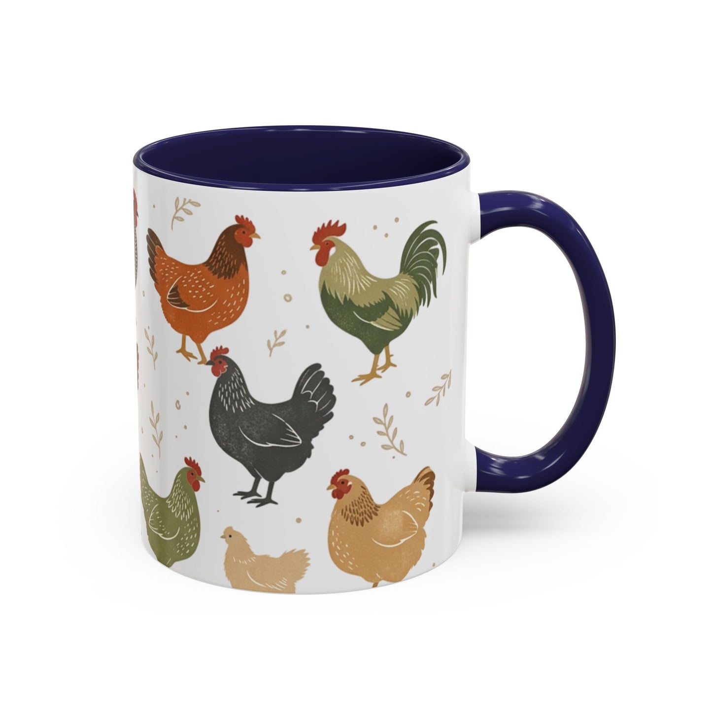 Chicken Pattern Accent Coffee Mug — Farmhouse Rooster & Hen Ceramic Mug (11/15 oz)