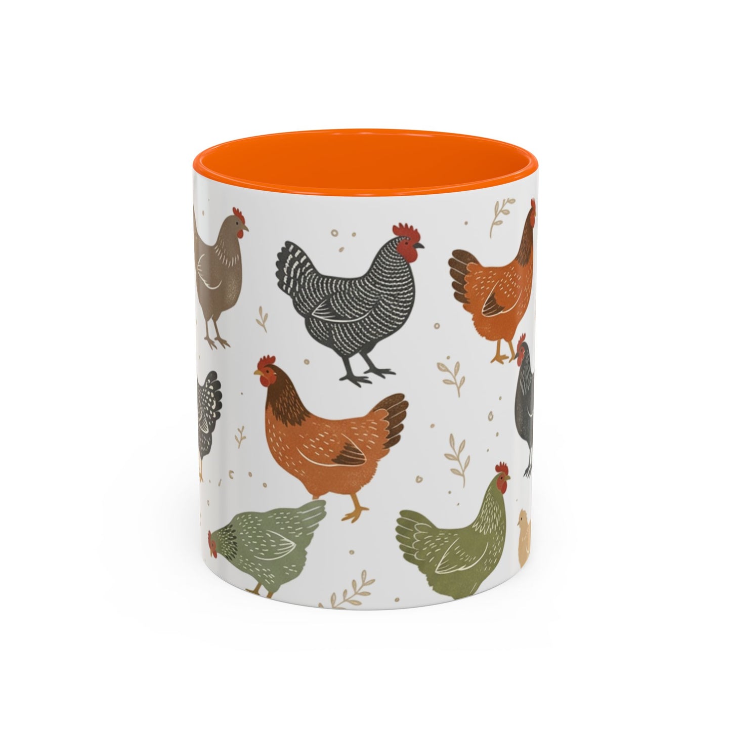 Chicken Pattern Accent Coffee Mug — Farmhouse Rooster & Hen Ceramic Mug (11/15 oz)