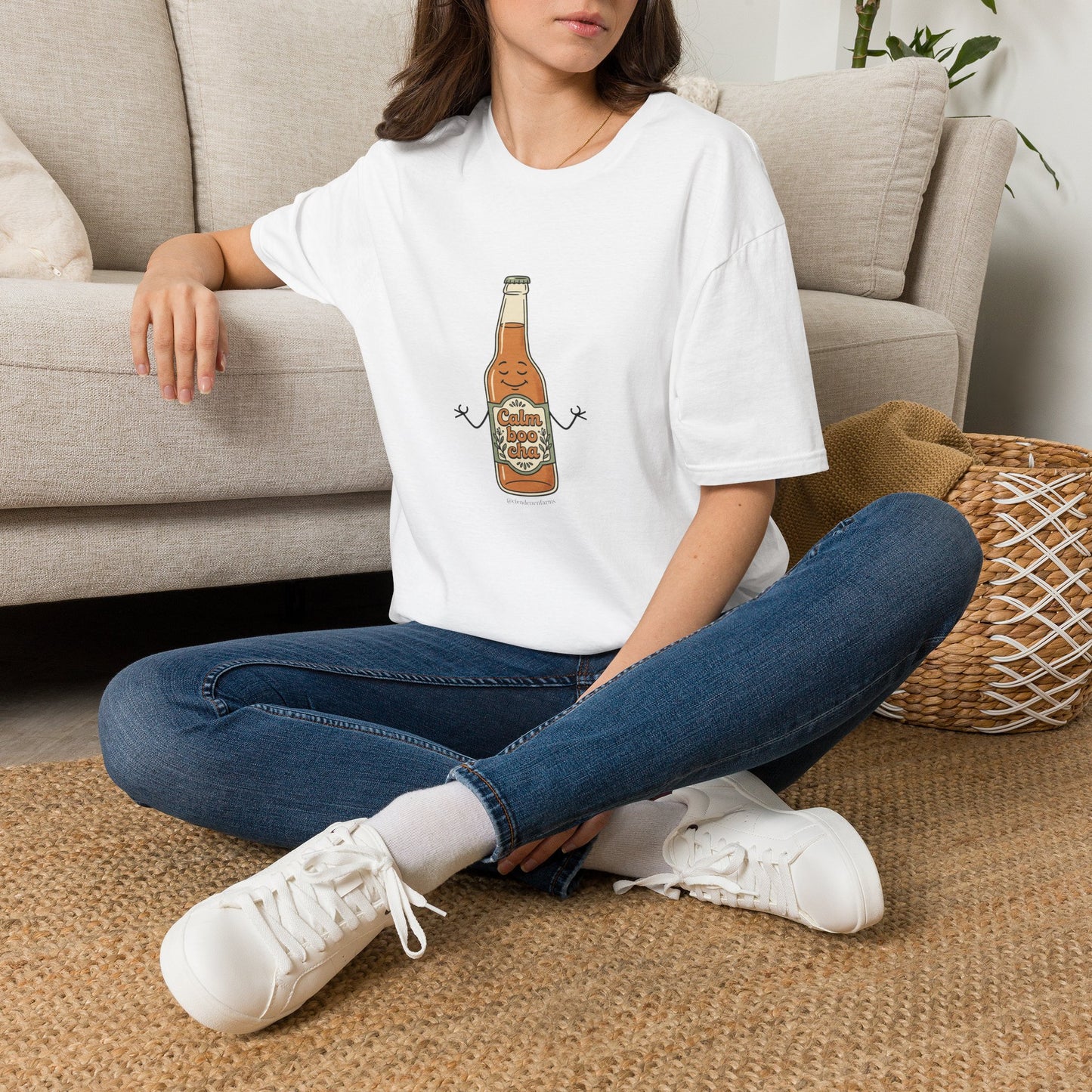 Kombucha Bottle Cartoon T-Shirt — Cute Relaxed Beverage Graphic Tee