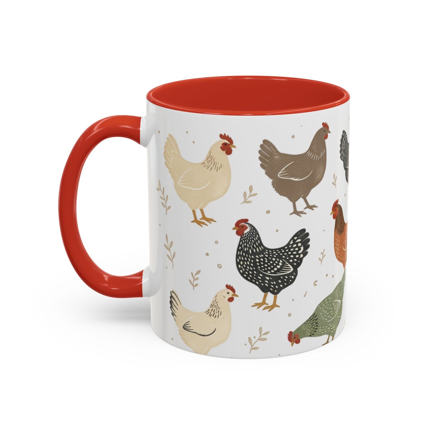 Chicken Pattern Accent Coffee Mug — Farmhouse Rooster & Hen Ceramic Mug (11/15 oz)